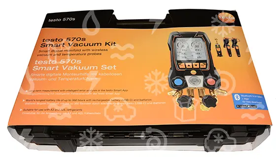 sada pro vakuum Testo 570s, chytrý digitální servisní přístroj s bezdrátovou vakuovou sondou a bezdrátovými klešťovými teplotními sondami